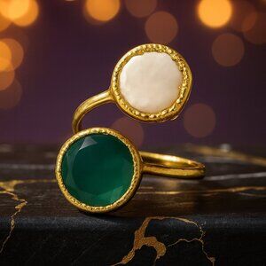 🆕️Turkish Artisan Genuine Emerald & Glass Pearl Adjustable Ring 18K Gold Plated